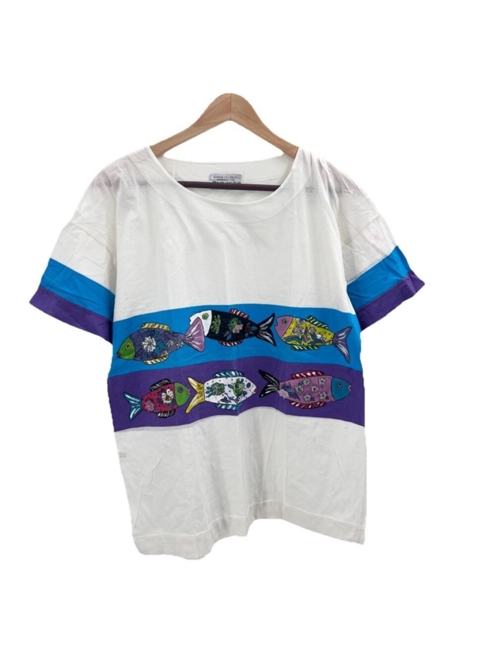 Vintage 90's Panache Beaded Colorful Painted Fish T-Shirt Italy Womens Large